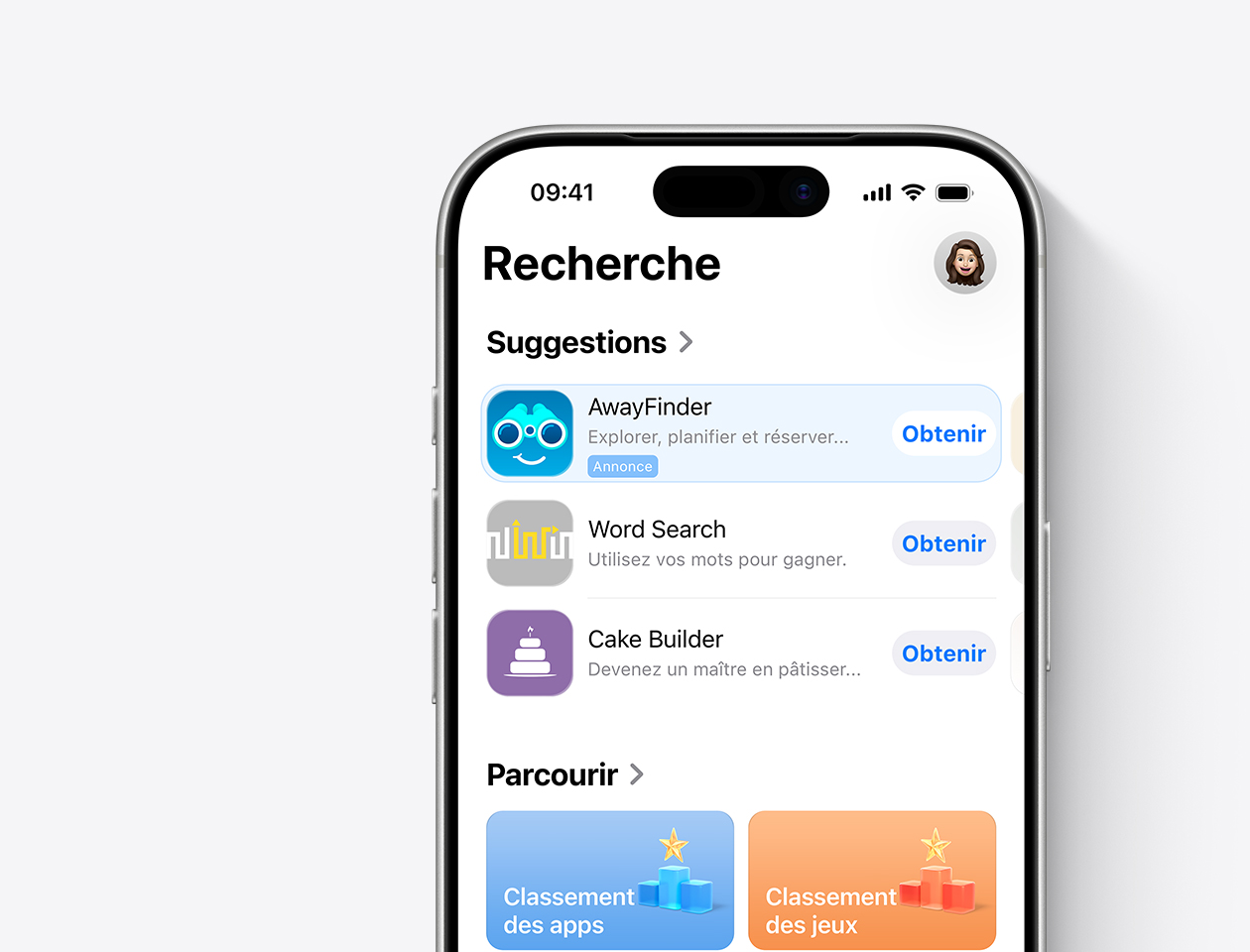  Un iPhone avec l’App Store ouvert et une annonce de l’onglet Rechercher pour l’app fictive AwayFinder mise en avant.