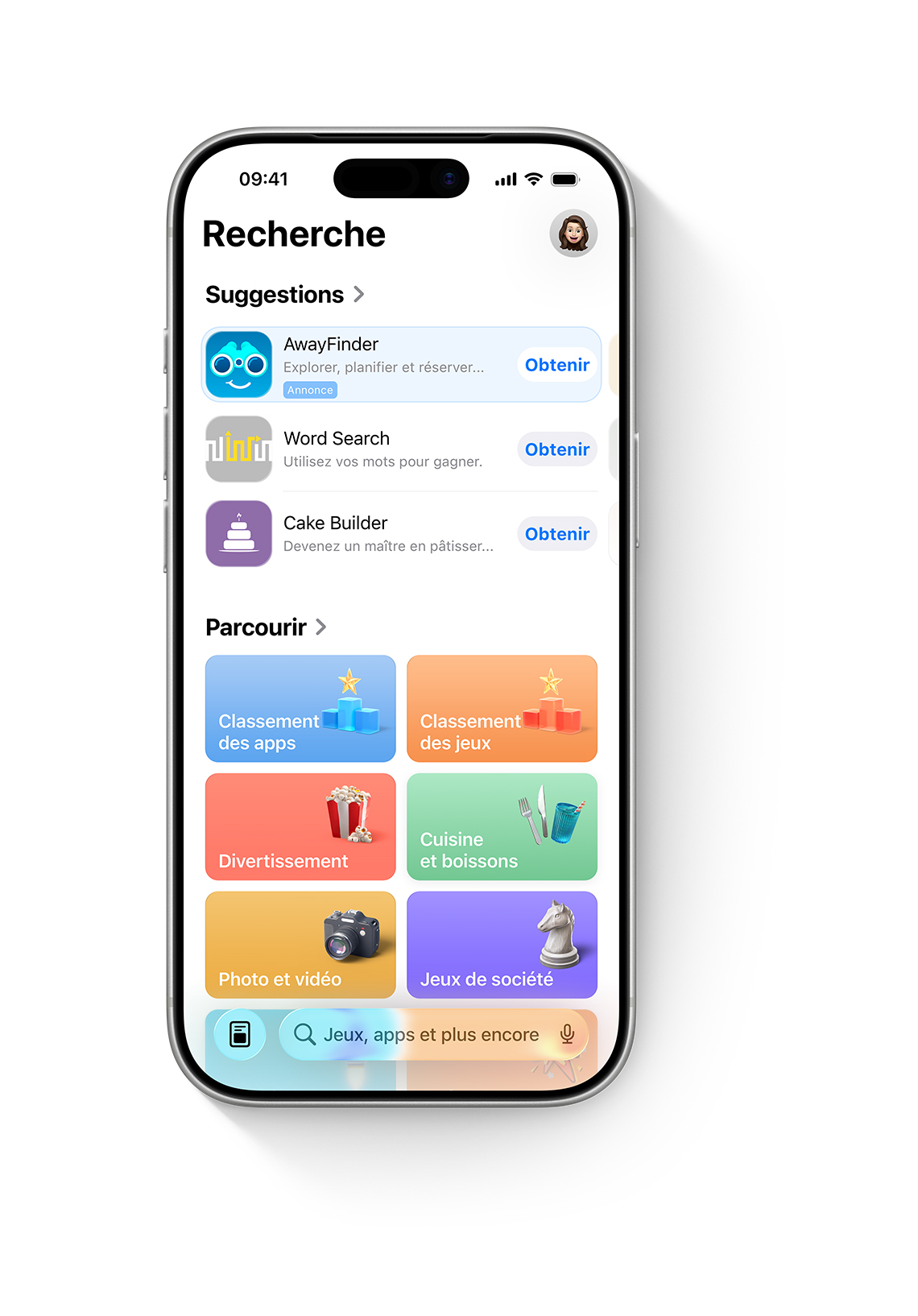 Un iPhone avec l’App Store ouvert et une annonce de l’app fictive AwayFinder apparaissant dans l’onglet Rechercher en haut de la liste des apps suggérées.