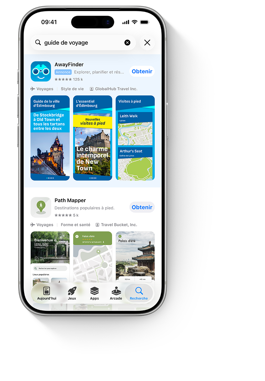 Un iPhone affichant une annonce en haut des résultats de recherche pour l’application fictive AwayFinder.