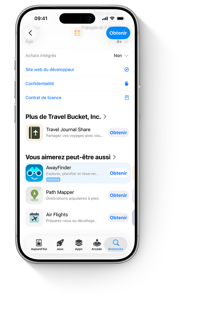 Un iPhone affichant une annonce au bas d’une page produit pour l’application fictive AwayFinder.