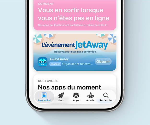 Une annonce dans l’onglet Aujourd’hui pour l’app fictive AwayFinder utilise des éléments créatifs mettant en scène une plage illustrée et une promotion spéciale intitulée JetAway Event.