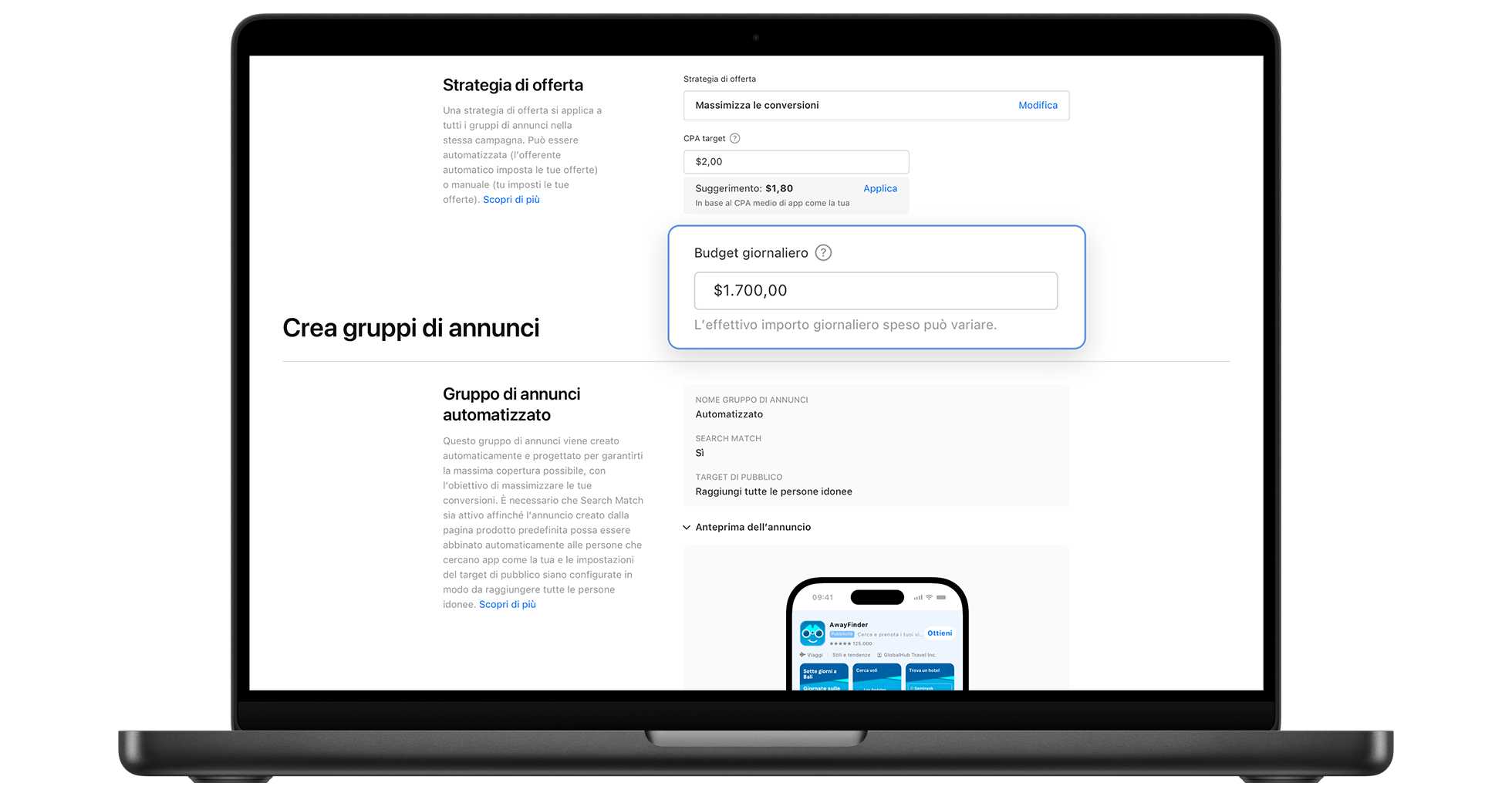 La sezione Strategia di offerta della pagina di creazione della campagna Apple Ads con il campo Budget giornaliero ingrandito.