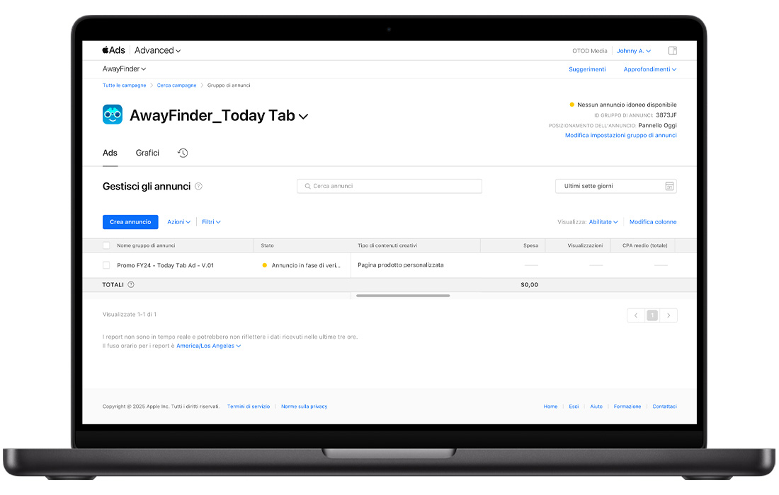 Dashboard Annunci in Apple Ads che mostra il nome, lo stato, il tipo di contenuti creativi, la spesa, le visualizzazioni e il CPA medio totale di un annuncio per il pannello Oggi.