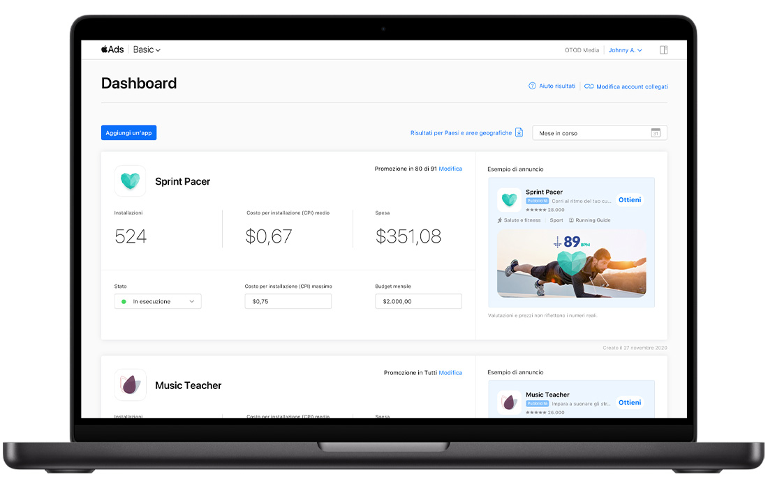 Dashboard di Apple Ads Basic che mostra i report per due app: Sprint Pacer e Music Teacher. Ogni app è visualizzata in un modulo e mostra il numero di installazioni, il CPI medio, la spesa totale, lo stato dell’annuncio, il CPI massimo, il budget mensile e un’anteprima dell’annuncio.