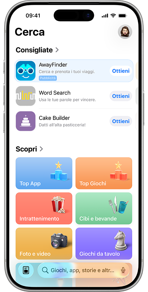 Un annuncio per l’app di esempio, AwayFinder, visualizzato nel pannello Cerca in cima all’elenco delle app consigliate.