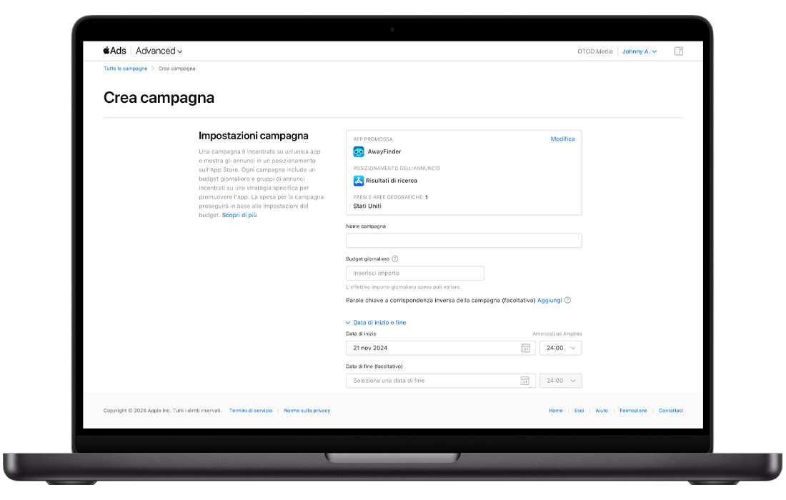 Pagina Crea campagna in Apple Ads, che mostra le impostazioni della campagna. Verso la parte inferiore dello schermo, sotto i campi vuoti per Nome campagna e Budget giornaliero, un link di colore blu denominato “Date di inizio e di fine della campagna” è stato aperto per mostrare i campi della data e dell’ora di inizio e i campi della data e dell’ora di fine (facoltative).  