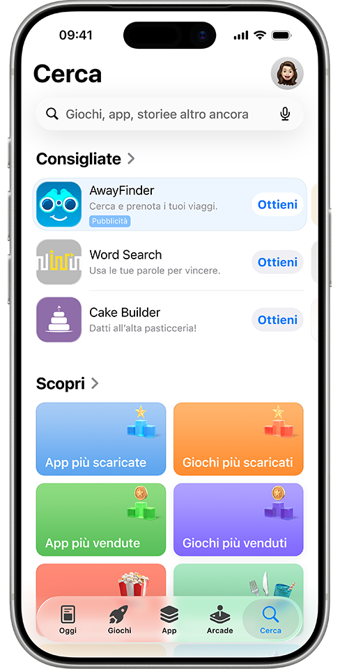 Un annuncio per l’app di esempio, AwayFinder, visualizzato nel pannello Cerca in cima all’elenco delle app consigliate.