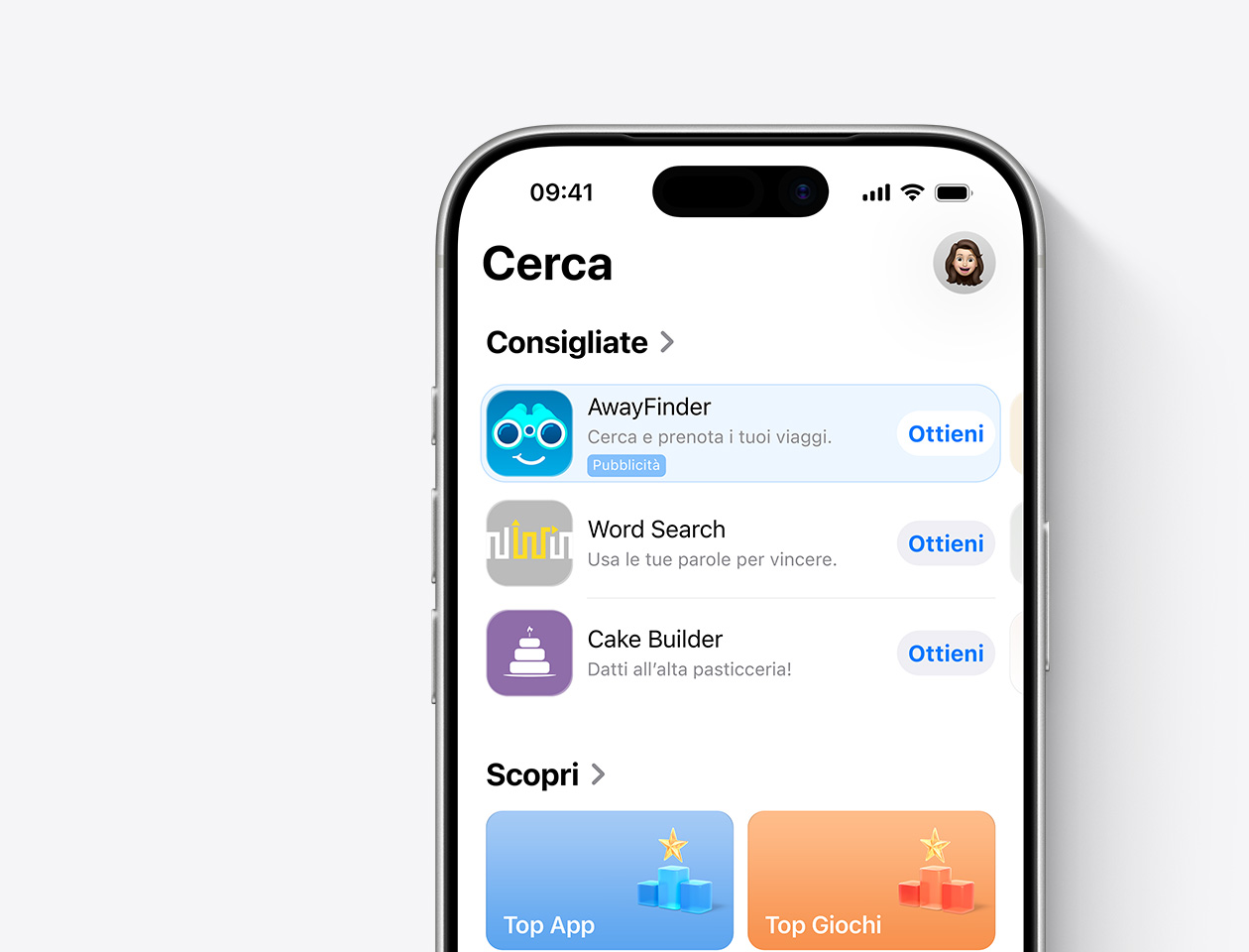  Un iPhone con l’App Store aperto e un annuncio per il pannello Cerca per l’app di esempio, AwayFinder, in evidenza.