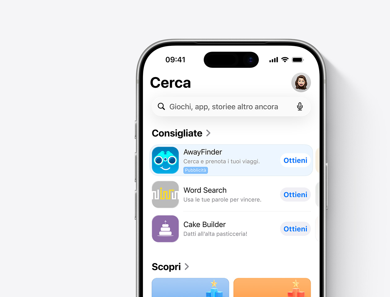  Un iPhone con l’App Store aperto e un annuncio per il pannello Cerca per l’app di esempio, AwayFinder, in evidenza.