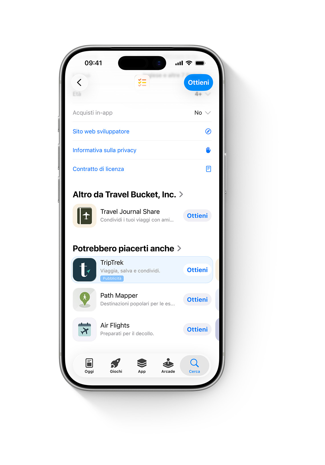 Un iPhone con l’App Store aperto. Un annuncio per l’app di esempio, AwayFinder, è visualizzato nella parte inferiore di una pagina prodotto sull’App Store, dove le persone potrebbero vederlo scorrendo verso il basso nella pagina.