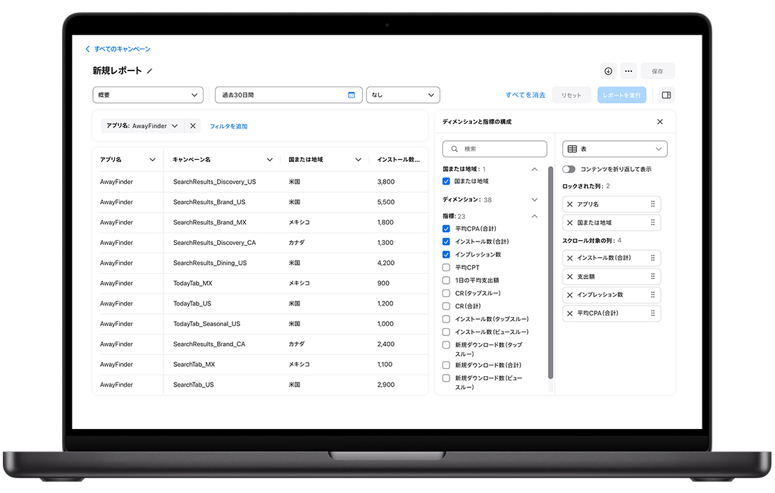 インサイトの積み上げ棒グラフレポート。レポートの左側に、レポートデータを決定する特定のチェックボックスが選択された評価項目のリストが表示されている。 