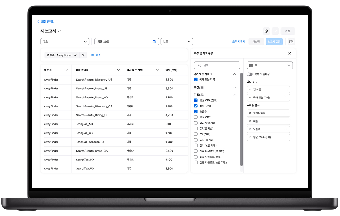 인사이트의 누적 세로 막대 보고서입니다. 보고서의 왼쪽에 보고서 데이터를 결정하기 위해 특정 체크상자가 선택된 척도 목록이 표시되어 있습니다. 