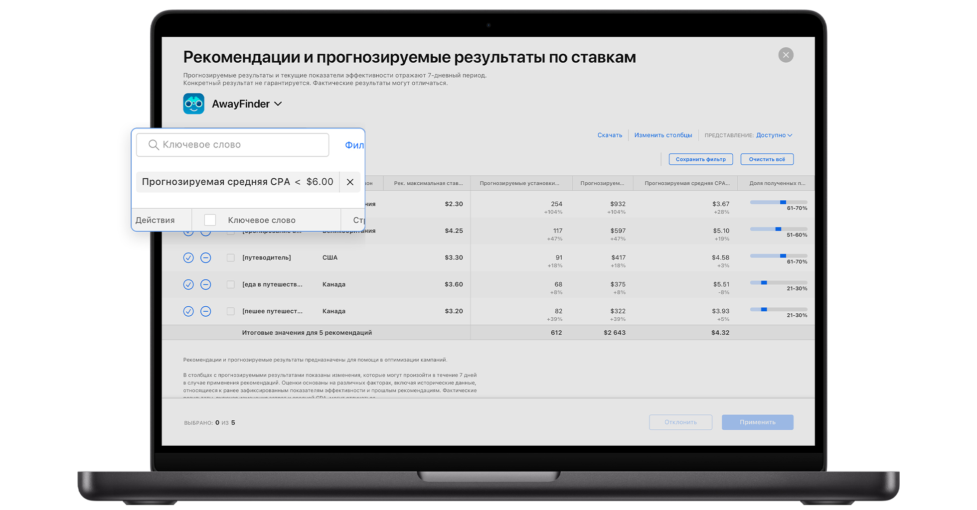 Страница «Рекомендации по ставкам» в Apple Ads с фильтрами, показывающими только те рекомендации, которые могут опустить прогнозируемую среднюю CPA ниже 6 долларов США.