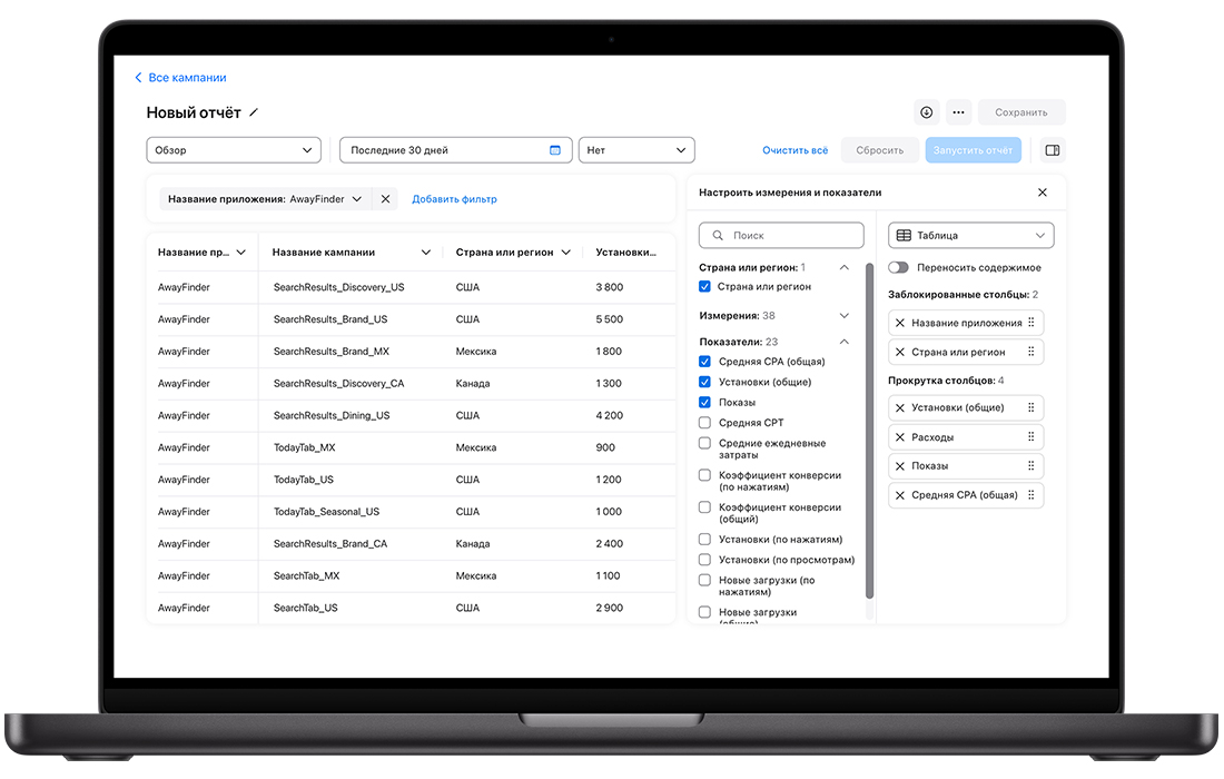 Отчёт с составными столбцами в Insights. Слева от отчёта отображается список показателей с установленными флажками для определения данных в отчёте. 