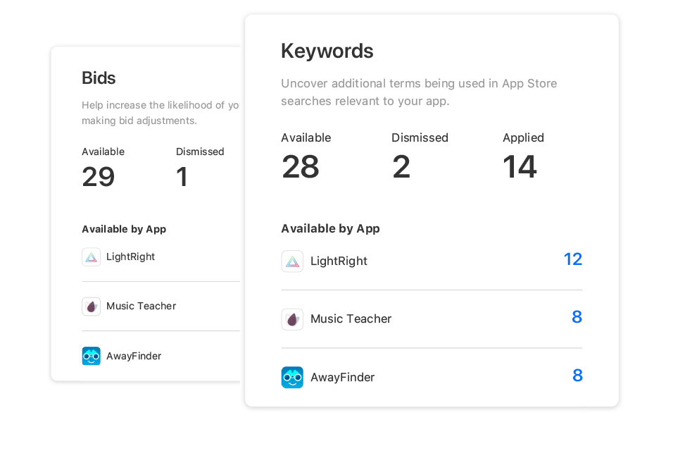 Two modals from the Recommendations page in Apple Ads Advanced. One shows numbers of bid recommendations available by app. The other shows numbers of keyword recommendations available by app.