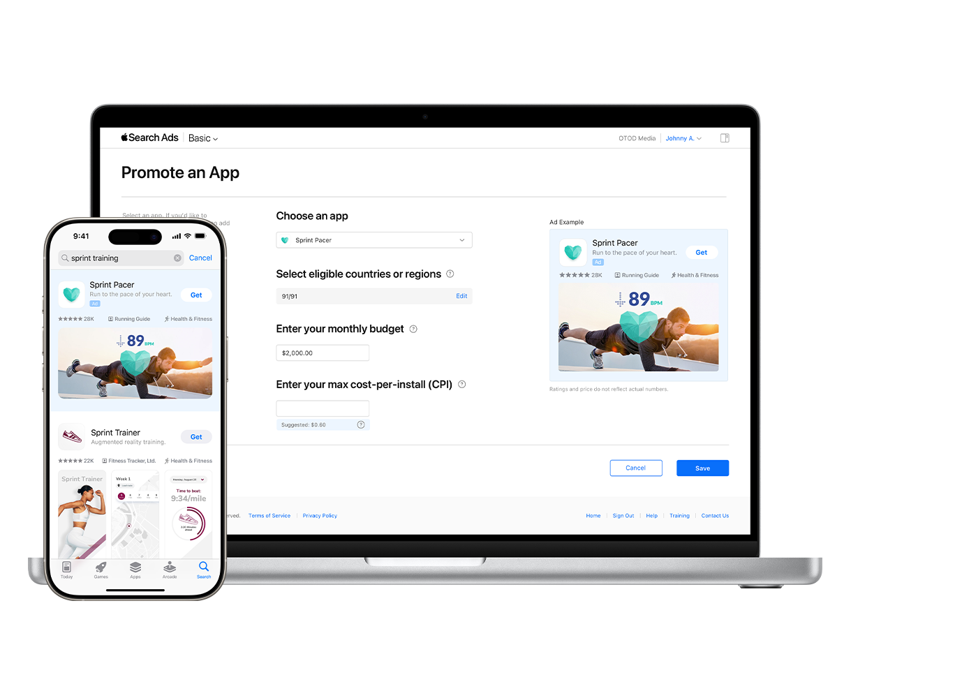A MacBook screen shows the campaign dashboard for Apple Ads Basic. An iPhone next to the MacBook shows an ad for Sprint Pacer in App Store search results.