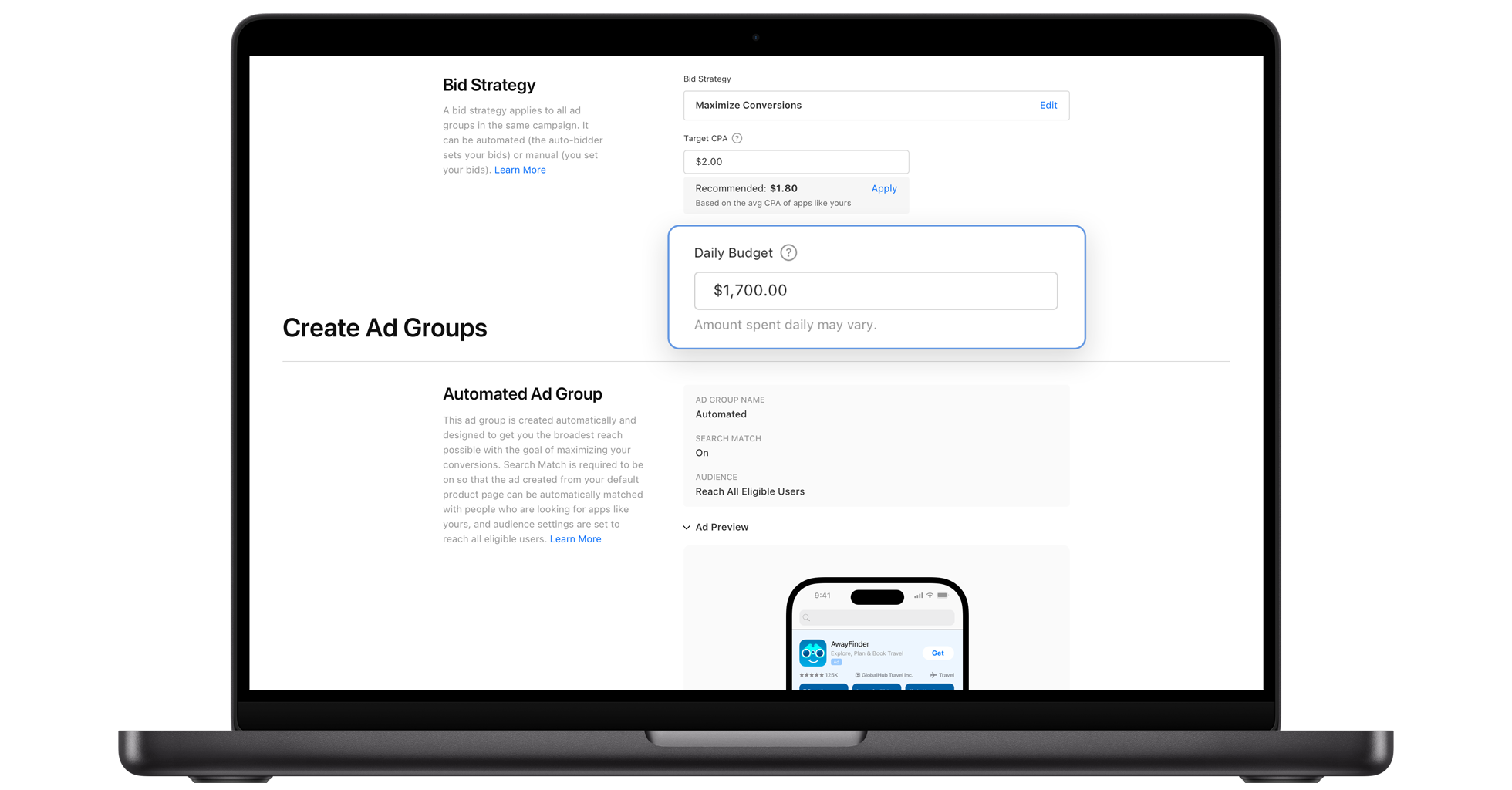 The Bid Strategy section of the Apple Ads campaign creation page with the Daily Budget field magnified.