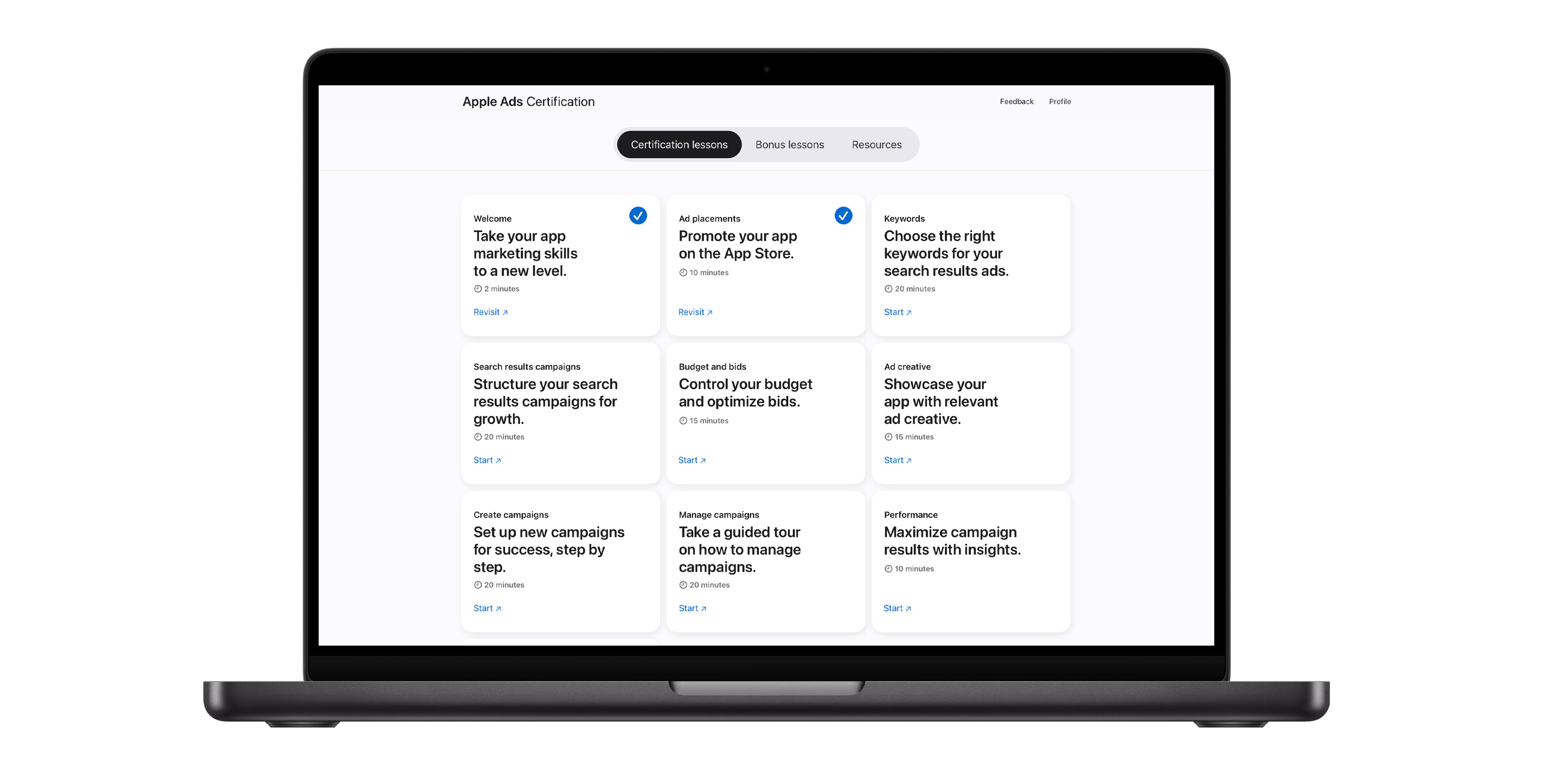 Apple Ads Certification lessons page showing nine lesson modules. The first two lessons have blue checkmarks on them, indicating that they are completed.