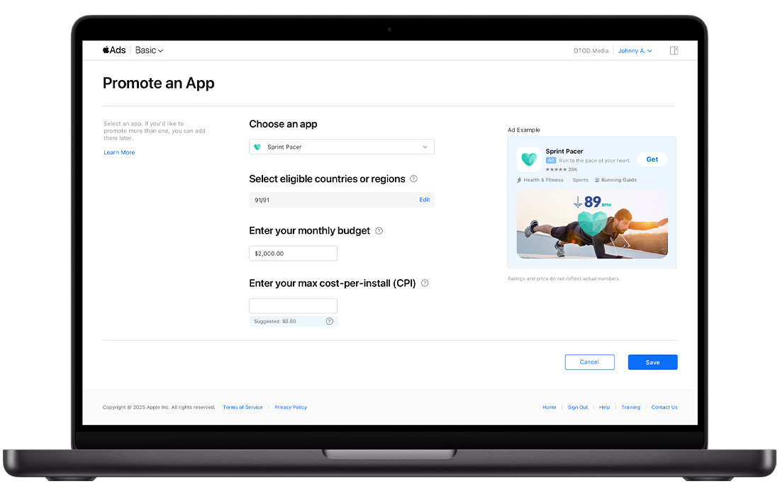 A MacBook screen shows the Promote an App page for Apple Ads Basic. The chosen app is Sprint Pacer; 60 out of 60 eligible countries or regions have been selected; the monthly budget is set as $2,000; and the suggested CPI is set as $0.60.
