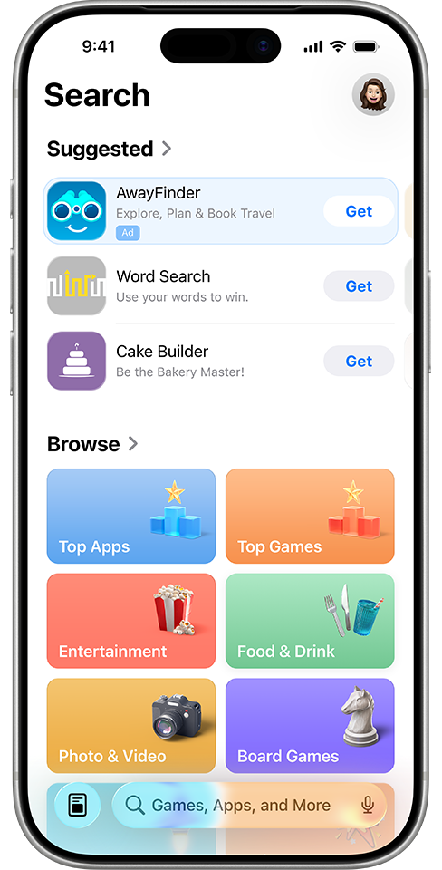 An ad for the example app, AwayFinder, appearing on the Search tab at the top of the Suggested apps list.