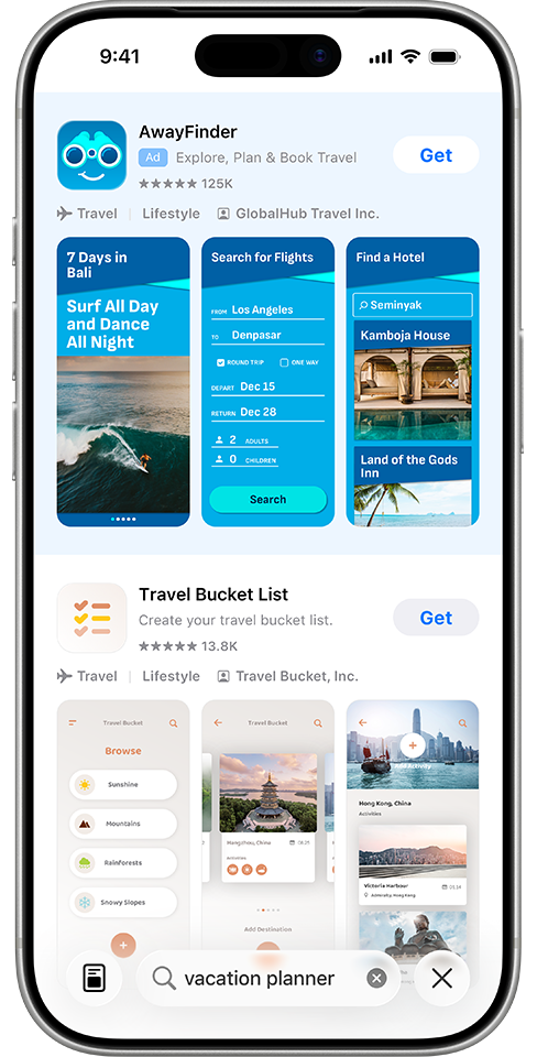 The term “vacation planner” is entered in the App Store search box, and an ad for the example app, AwayFinder, appears at the top of search results.