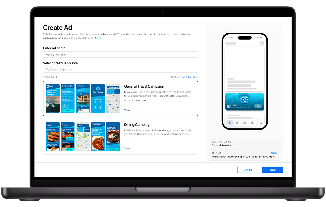A MacBook is open to the Today tab ad creation page in Apple Ads, showing two available custom product pages. The title of the Today tab ad that's being created is General Travel Ad and a General Travel Campaign custom product page is selected. In the upper right corner, a preview of the ad shows the app icon, name, and subtitle, with assets from the custom product page in the ad’s background.