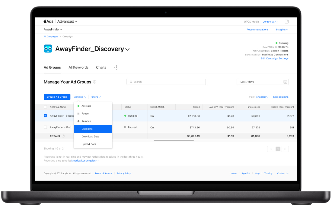 The Ads Group in the Apple Ads dashboard showing an ad group selected, the Actions menu open, and Duplicate highlighted.