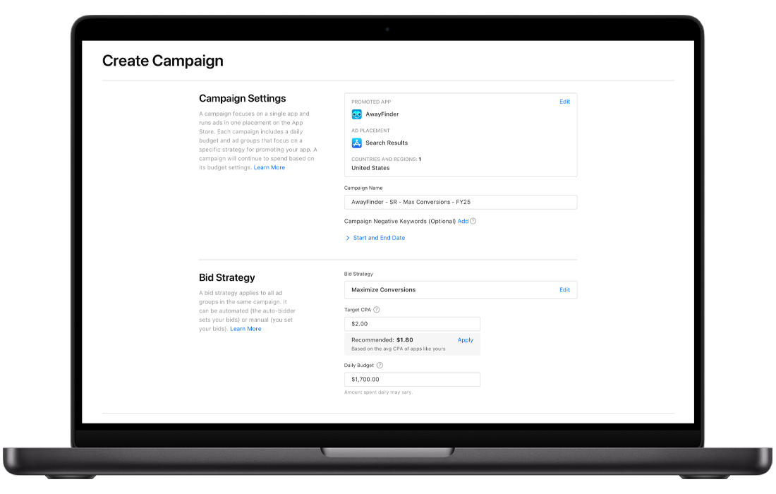 The Create Campaign screen is completed for a Maximize Conversions campaign. In the Campaign Settings section, the promoted app is AwayFinder, the ad placement is Search Results, and the campaign name is entered. In the Bid Strategy section, Maximize Conversions is selected, the target CPA is $2.00 with a recommended target CPA appearing below it, and the daily budget is $1,700.