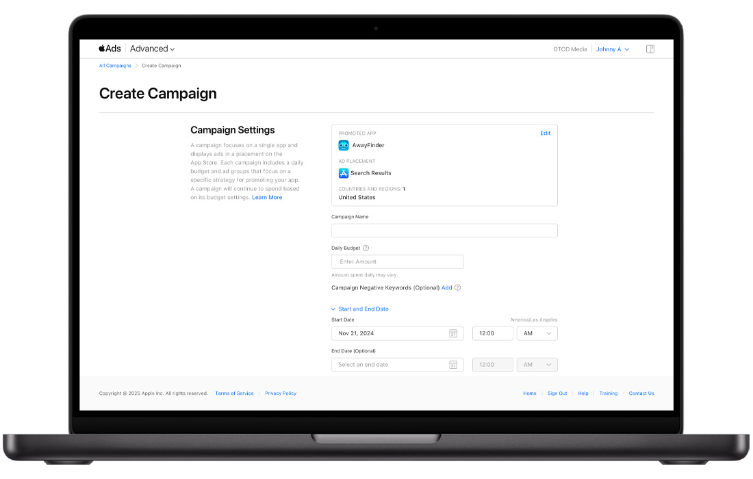 The Create Campaign page in Apple Ads showing Campaign Settings. Toward the bottom of the screen, below empty fields for Campaign Name and Daily Budget, a blue link labeled Start and End Date has been opened to reveal Start Date and Time fields and optional End Date and Time fields.  