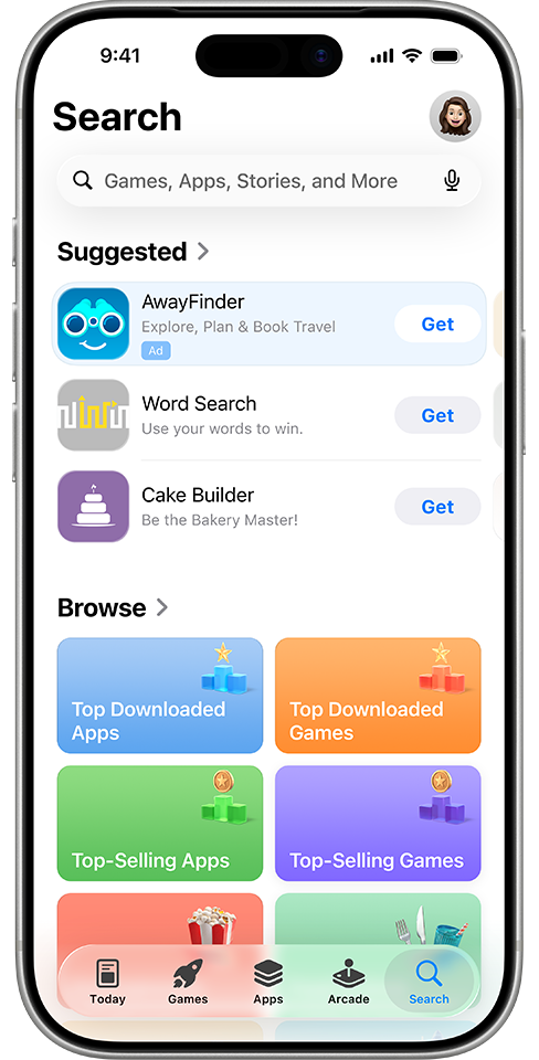 An ad for the example app, AwayFinder, appearing on the Search tab at the top of the Suggested apps list.