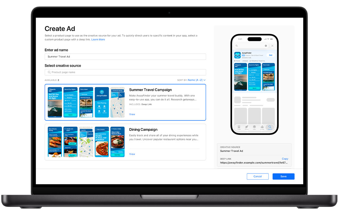A MacBook is open to the Create Ad page for a search results ad variation in Apple Ads. It shows two available custom product pages. The title of the ad variation that's being created is Summer Travel Ad and a Summer Travel Campaign custom product page is selected. To the right, an iPhone displays a preview of the ad.