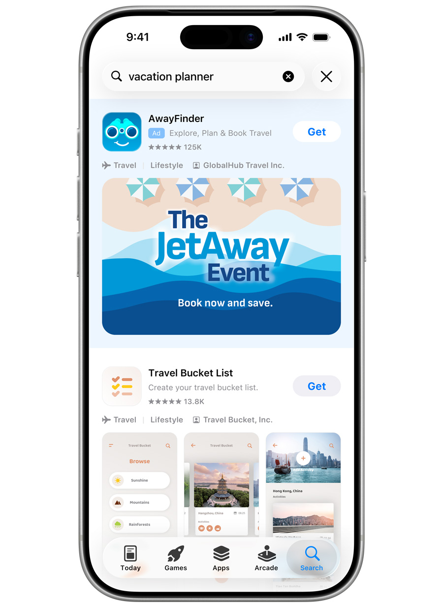 An iPhone open to App Store search results. The term “vacation planner” is entered in the search field and a search results ad for the example travel, AwayFinder” animates using beach-themed creative assets and messaging for a special promotion called The JetAway Event.