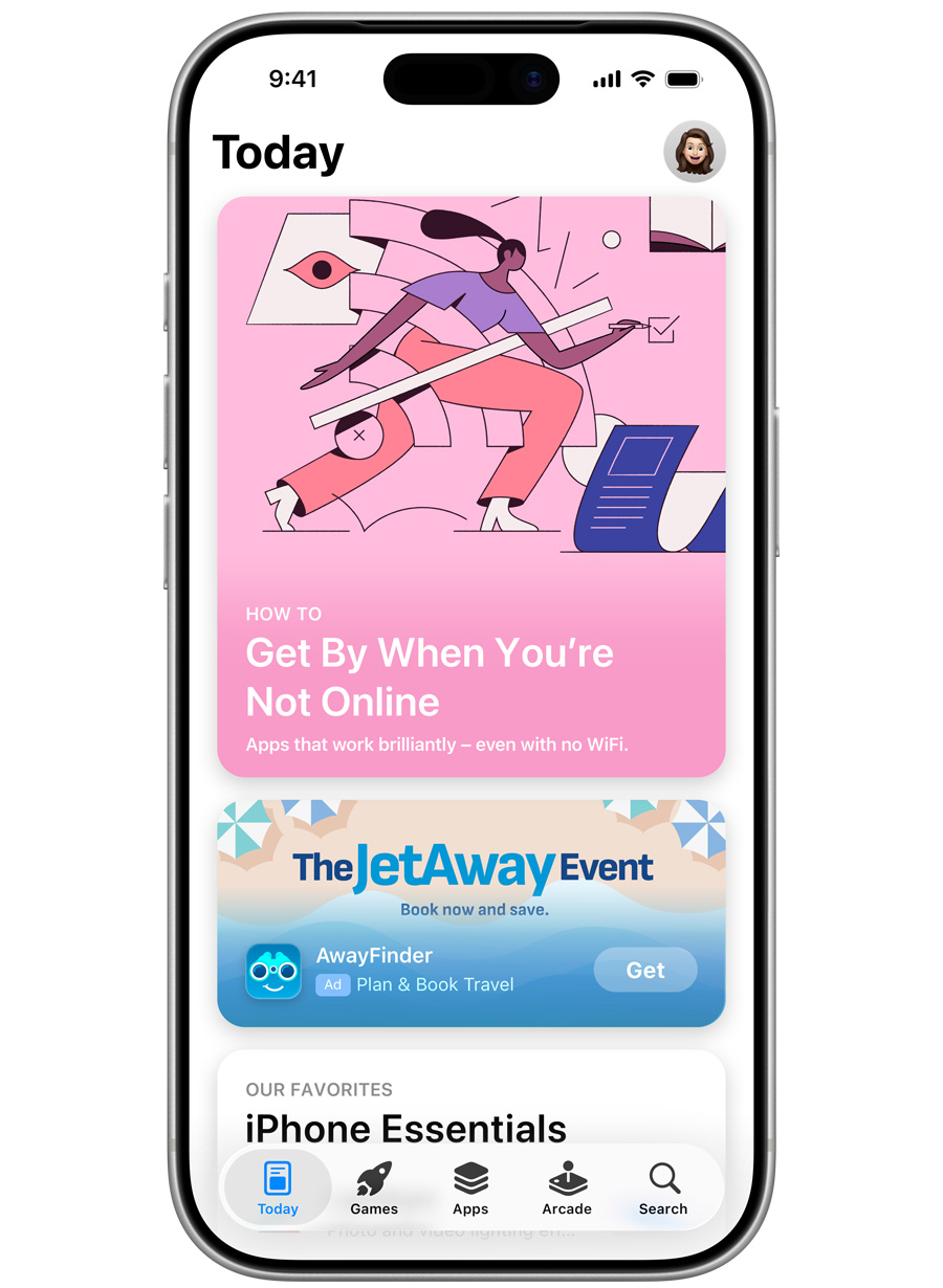 An iPhone open to the App Store Today tab. A Today tab ad for the example travel app, AwayFinder, animates using beach-themed creative assets and messaging for a special promotion called The JetAway Event.