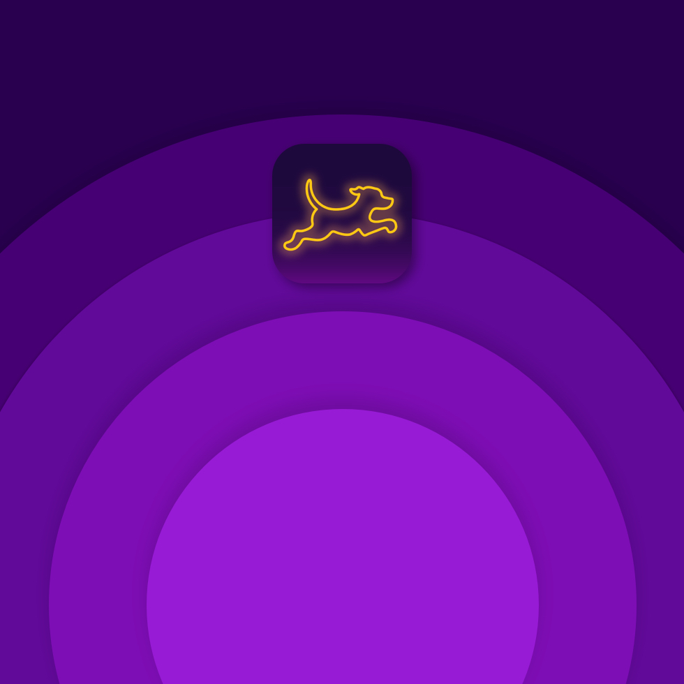 L’icona dell’app Fetch appare su uno sfondo di anelli concentrici di diverse tonalità di viola.