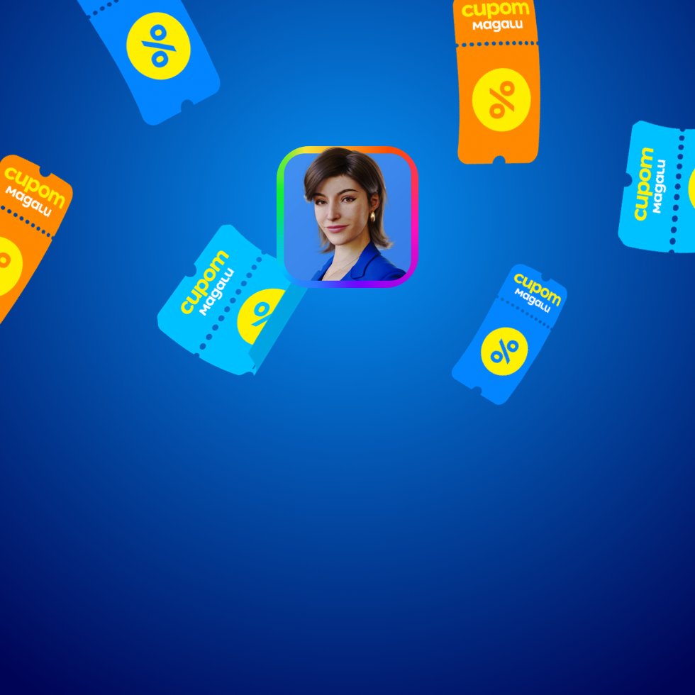L’icône de l’app Magalu apparaît sur un fond bleu, entourée de coupons de réduction.