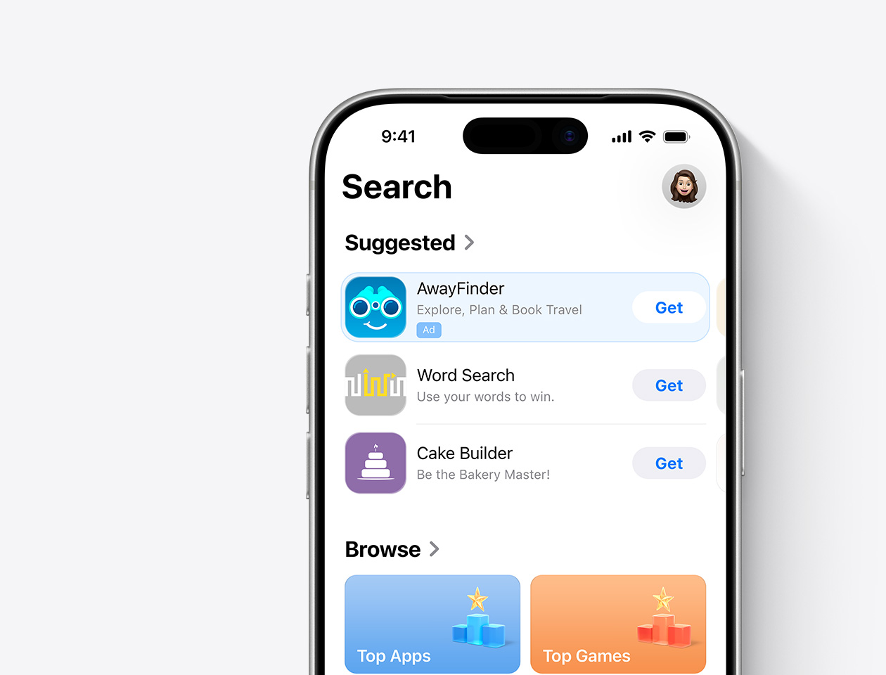  An iPhone with the App Store open and a Search tab ad for the example app, AwayFinder, featured.