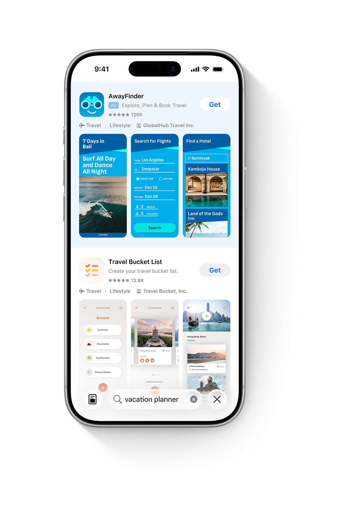 An iPhone with the App Store open. The search term “vacation planner” is entered in the search box and an ad for the example app, AwayFinder, appears at the top of search results.