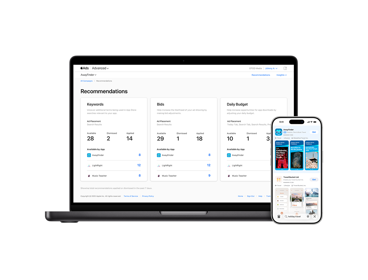  A MacBook showing the Recommendations page from an Apple Ads account. Next to it is an iPhone showing an ad for the example travel app, AwayFinder, at the top of App Store search results.