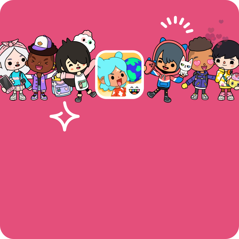 Eine Auswahl farbenfroher, illustrierter Figuren aus der Toca Boca World App, zusammen mit dem App-Symbol vor einem leuchtend rosa Hintergrund.