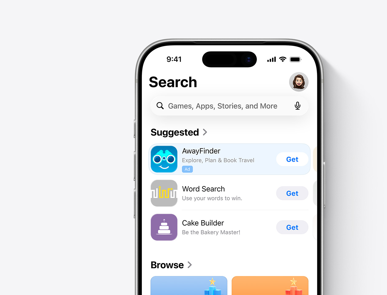  An iPhone with the App Store open and a Search tab ad for the example app, AwayFinder, featured.