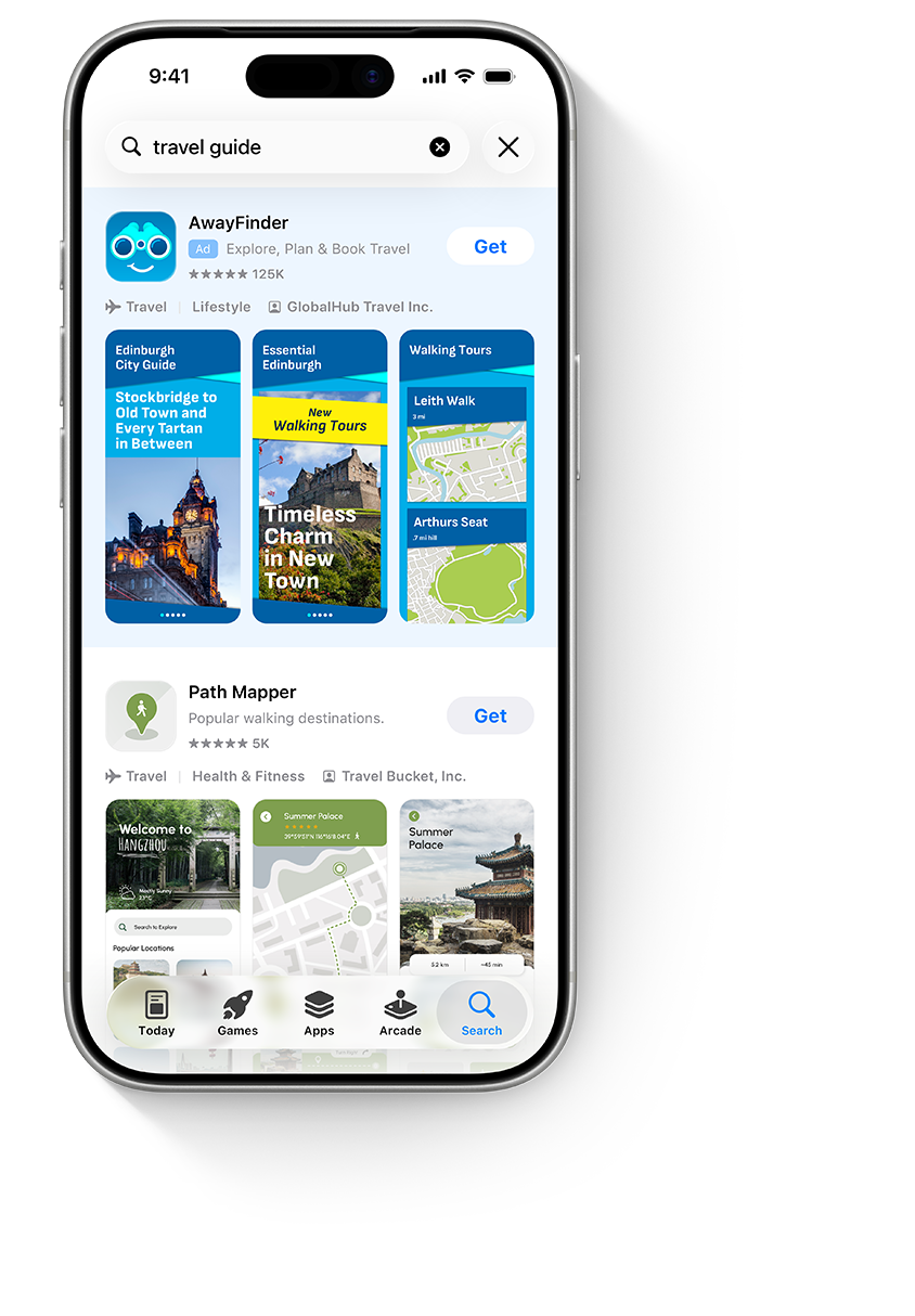 An iPhone showing an ad at the top of search results for the example app, AwayFinder.