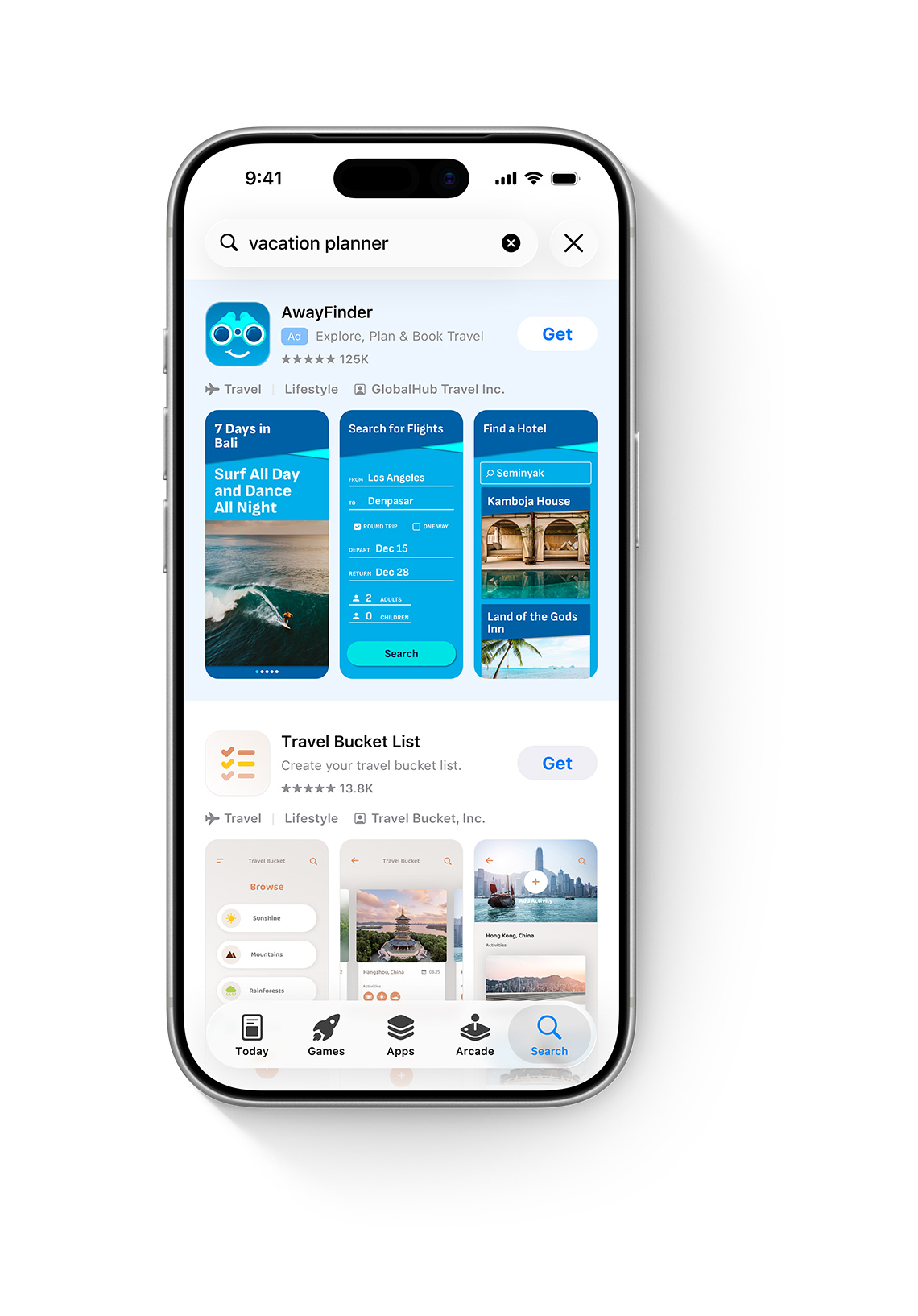 An iPhone with the App Store open. The search term “vacation planner” is entered in the search box and an ad for the example app, AwayFinder, appears at the top of search results.