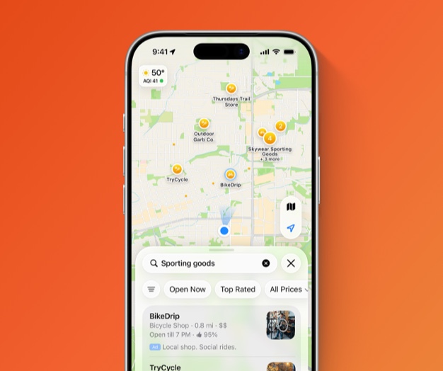 Реклама вымышленного велосипедного магазина BikeDrip появляется на Картах Apple в ответ на поисковый запрос «спортивные товары».