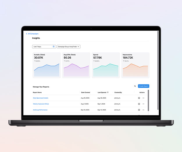 The Insights page in Apple Ads showing four graphic snapshots for the metrics total installs, total average cost-per-acquisition, spend, and impressions.