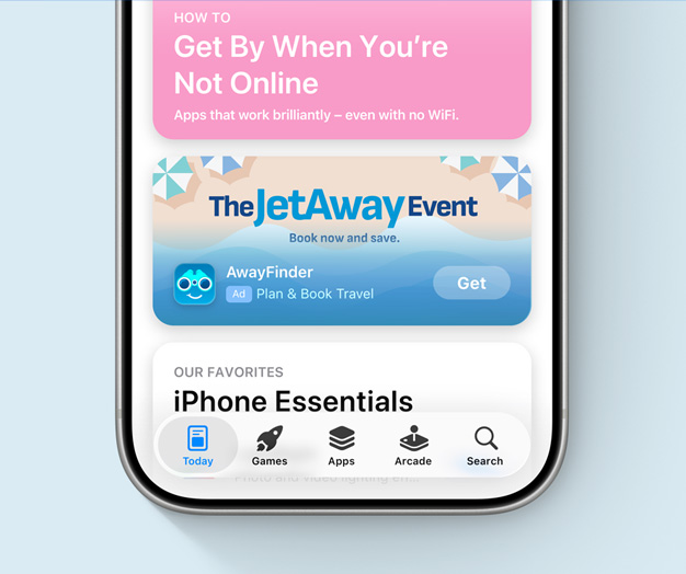 A Today tab ad for the example app, AwayFinder, that uses creative assets featuring an illustrated beach scene and a special promotion called the JetAway Event.