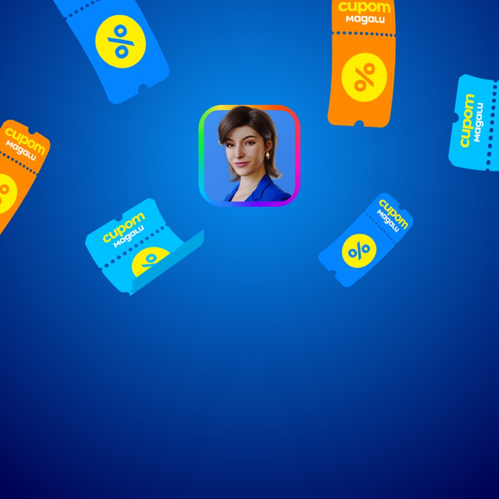 The Magalu app icon appears over a blue background with scattered coupons around it.