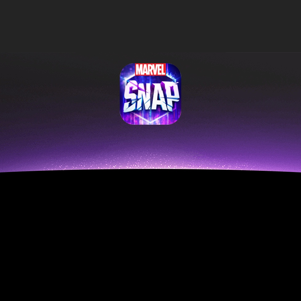 The Marvel Snap app icon appears against a background that has a purple horizon glowing above black earth.