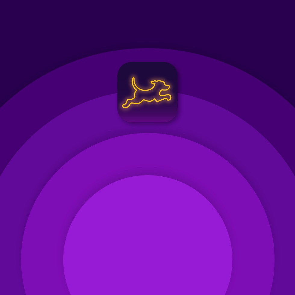 The Fetch app icon appears against a background of concentric rings of different shades of purple.