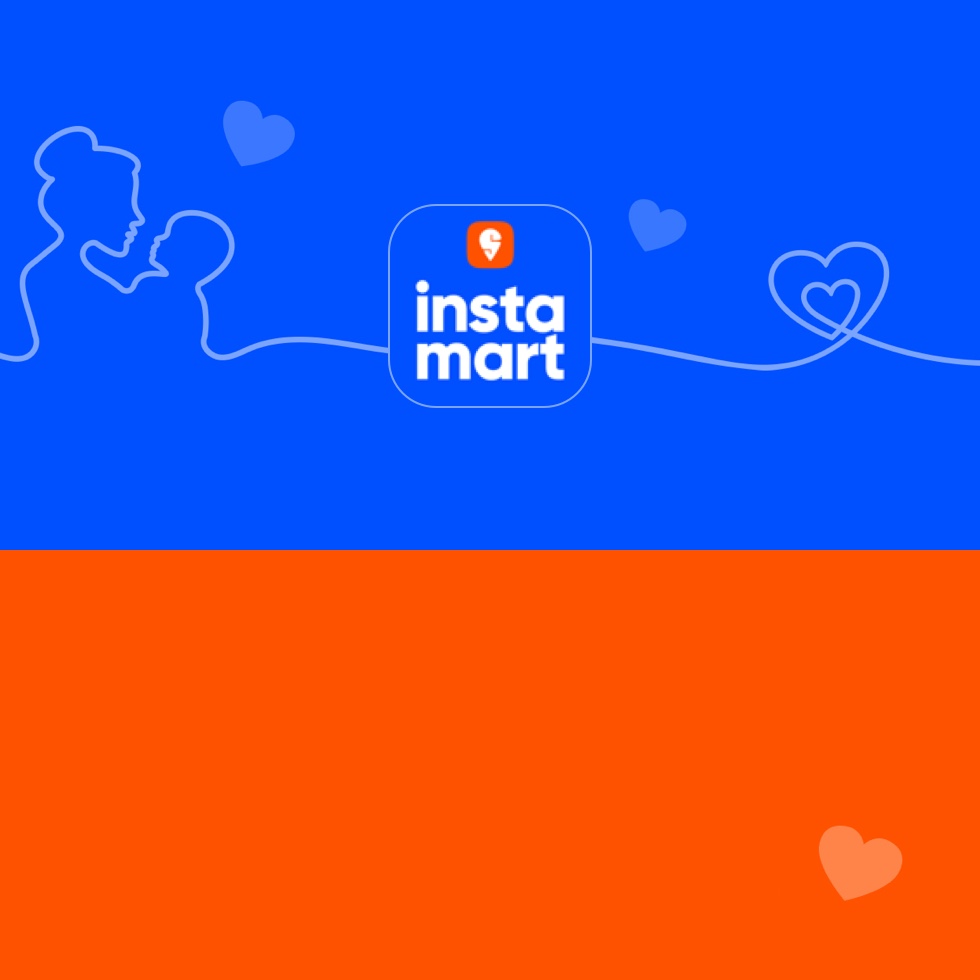 The Instamart app icon appears against a half blue, half orange background with screened back graphics of hearts and a mother holding a baby.