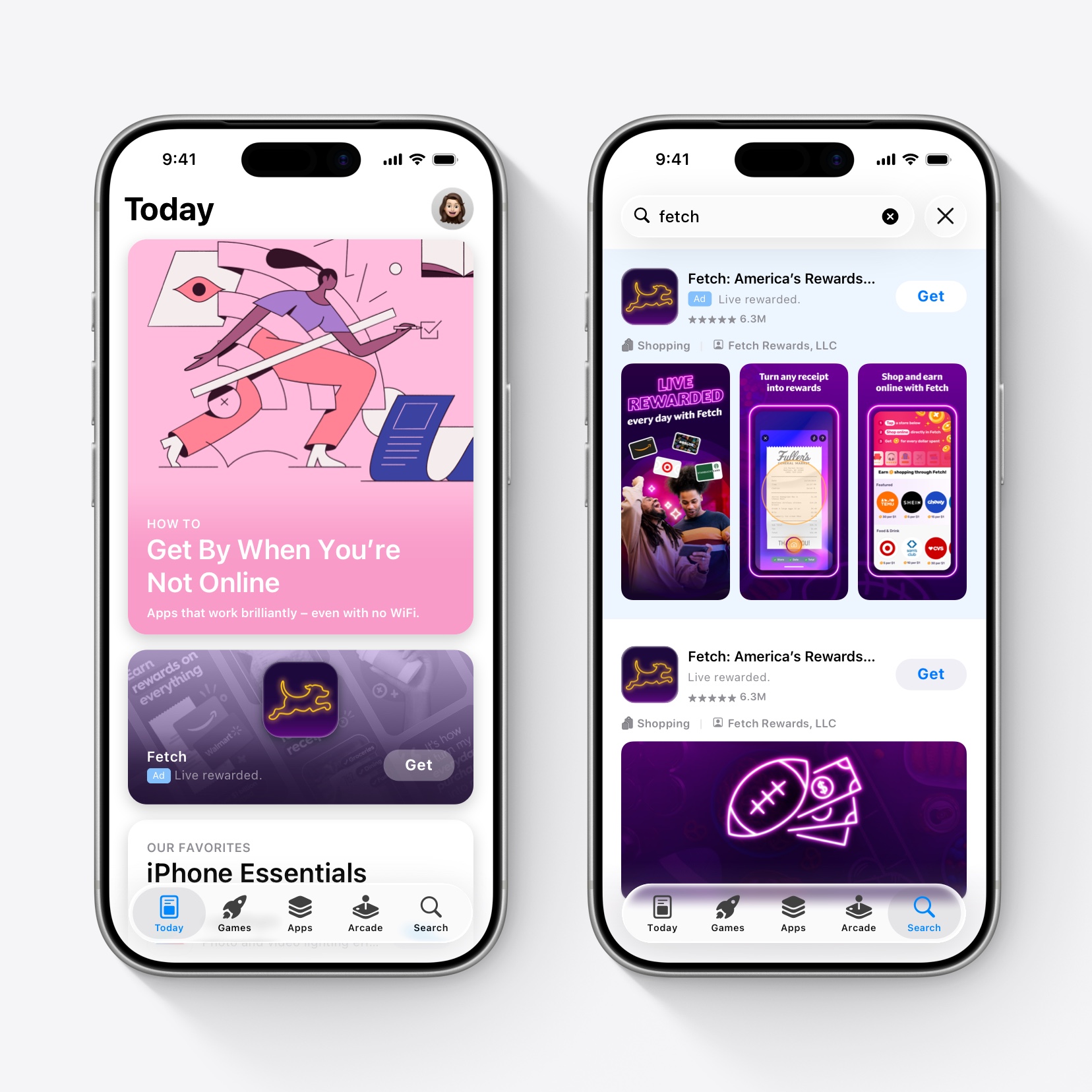 Two iPhones side by side. The first features a Today tab ad for Fetch and the second features a search results ad variation for Fetch. Both ads show creative that aligns with the app’s Super Bowl TV spot.